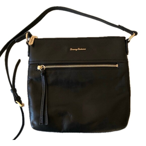 Tommy Bahama Genuine Soft Leather Adjustable Strap Black Crossbody Bag - Picture 1 of 10
